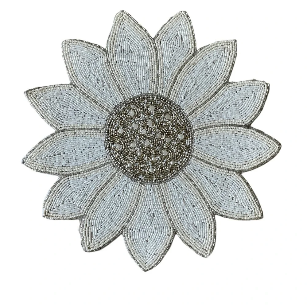 TAHARI HOME Glass Hand Beaded Charger Placemat 15in White Silver Floral NEW